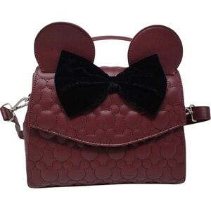 New LOUNGEFLY Minnie Mouse Crossbody Burgundy Black Velvet Bow Quilted Satchel